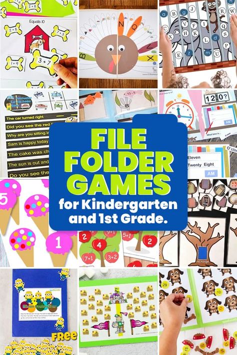 If you're looking for engaging and reusable learning activities for kindergarten and first grade students, these file folder games are just what you need! These file folder activities cover a variety of skills including additon, money, telling time, rhyming, word blends, and more! Simply pick the file folder fun you want to try and print the free file folder game! File Folder Games Kindergarten, File Folder Activities Free Printables Preschool, Math File Folder Games 1st Grade, File Folder Games For First Grade, Free Printable File Folder Activities, File Folder Games For Kindergarten, First Grade Busy Binder, Free File Folders Special Education, Thanksgiving File Folder Games