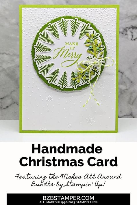 The holiday season is synonymous with many things: joy, laughter, gifts, and of course, the timeless holly wreath. I'm super excited to walk you through creating handmade wreath Cards with the Wishes All Around Bundle. Imagine the charm of a holly wreath, but on a card! Ready to turn your Christmas cards into a holly jolly masterpiece? Grab your crafting tools, and let's give your holiday greetings a delightful twist! Stampin Up Christmas Season Stamp Set, Su Wishes All Around Cards, Stampin Up Wishes All Around Cards, Stampin Up Wishes All Around, Wishes All Around Stampin Up Cards, Fancy Christmas Cards, Wreath Cards, Handmade Christmas Cards, Stamped Christmas Cards