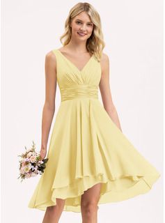 A-Line Scoop Neck Asymmetrical Chiffon Cocktail Dress With Beading (016170865) - JJ's House Cocktail Dress Yellow, Knee Length Bridesmaid Dresses, Prom Dresses 2019, Long Formal Gowns, Chiffon Cocktail Dress, Wedding Theme Colors, Chiffon Bridesmaid Dress, Knee Dress, Yellow Fashion