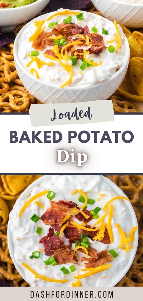 If you're looking for party dips or easy appetizers, you have to try this amazing Loaded Baked Potato Dip! Featuring sour cream, bacon, cheese, and ranch seasoning, this easy cold dip recipe is perfect for any party or holiday. Pair it with potato chips, pretzels, waffle fries and more! The ultimate party food, and perfect for Summer BBQ's too. Loaded Baked Potato Dip, Dip For Potato Chips, Potato Dip, Baked Potato Dip, Cold Dip, Baked Potato Toppings, Cold Dip Recipes, Baked Potato Chips, Best Baked Potato