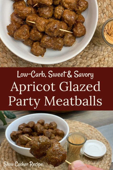 Keto Crockpot Apricot Glazed Party Meatballs | Exclusive Hip2Keto Recipe Apricot Meatballs, Party Munchies, Meatballs Keto, Keto Condiments, Party Meatballs, Crockpot Meatballs, Keto Bbq, Kito Diet, Carb Dishes