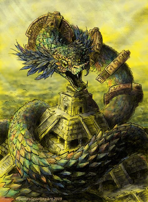 ArtStation - Quetzalcoatl -Dawn of the feathered Serpent, James Groeling Aztec Quetzalcoatl Art, Quetzalcoatl Art, Quetzalcoatl Tattoo, Aztec Artwork, World Serpent, Feathered Serpent, Mexican Culture Art, Aztec Culture, Mayan Art