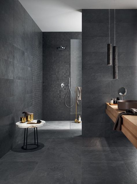 40 Modern Bathroom Tile Designs and Trends — RenoGuide - Australian Renovation Ideas and Inspiration Dark Tile Bathroom, Makeover Kamar Mandi, Luxury Bathroom Master Baths, Dark Tile, Dark Bathrooms, Modern Bathroom Tile, Bathroom Design Inspiration, Gorgeous Bathroom, Bathroom Tile Designs