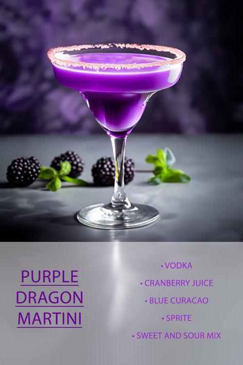 Purple Dragon Martini, Purple Margarita Recipe, Martini Cocktail Recipes, Disney Alcoholic Drinks, Unique Alcoholic Drinks, Cocktails Design, How To Make Cocktails, Mocktail Ideas, Cocktail Recipes At Home