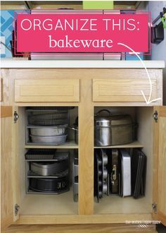 Organize This: Bakeware Ideas, tips and tricks! Pan Storage Diy, Bakeware Organization, Diy Pantry Organization, Bakeware Storage, Pan Storage, Rental Kitchen, Diy Pantry, Small Pantry, Rustic Kitchen Design