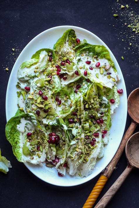 Little Gem Lettuce Salad with Tahini Dressing  — Yummy Yatra Little Gem Wedge Salad With Herb Dressing, Lettuce Salad Dressing, Gem Lettuce Salad, Little Gem Salad, Thanksgiving Salads, Salad With Tahini Dressing, Gem Lettuce, Lettuce Salad Recipes, Thanksgiving Salad