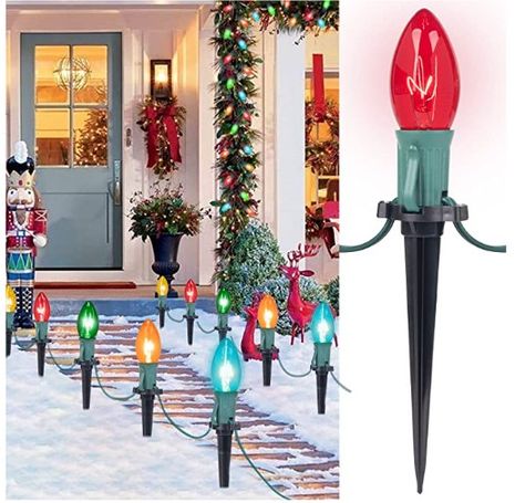 Specifications of Christmas Path Lights Outdoor: 25.7 feet C9 Christmas stake lights with 20 multicolored C9 bulbs, 7W per bulb. 15 inches light spacing, 4.6 inches pathway markers, E17 holder compatible, plug in and enjoy it. This Christmas lights for the sidewalk will be great for your pathway Strawberry Lights, Christmas Light Stakes, Christmas String Lights Outdoor, Christmas Pathway Lights, Outdoor Christmas Decorations Lights, Patio Wedding, C9 Christmas Lights, Outdoor Decorative Lights, Outdoor Walkway