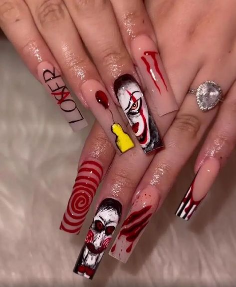 Halloween Nails Freddy And Jason, It Clown Nails, It Nails Stephen King, Trendy Halloween Nails, Spooky Nail, Scary Nails, Halloween Nails Diy, Horror Nails, Holloween Nails