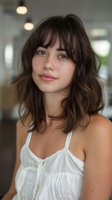 Person with brown hair and bangs wearing a white sleeveless top, smiling softly. Brunette Layered Hair With Bangs, Mid Length Wavy Hair Curtain Bangs, Wavy Hair Front Bangs, Long Bob Haircut With Layers And Bangs, Womens Bangs Haircut, Layers With Fringe Bangs, Fun Hairstyles With Bangs, Textured Hair With Bangs, Round Face Wispy Bangs