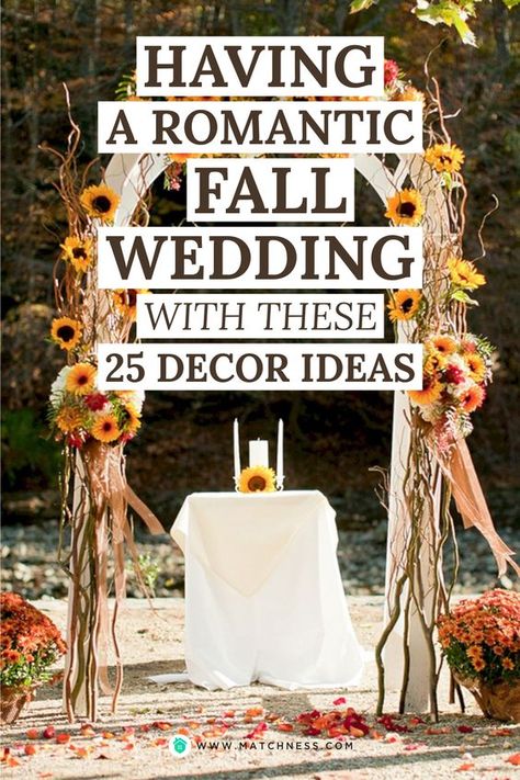 Decorating your fall wedding altar with a white table is an interesting idea so it will look elegant. Then you can add an arch made of twig and blooming flower to make it look more beautiful. A sprinkling of flowers on the floor will add a romantic feel to your fall wedding decorations. #fallwedding #weddingdecoration #falldecoration Simple Fall Wedding Ceremony Decor, Fall Park Wedding, Fall Wildflower Wedding Decor, Fall Gazebo Wedding, Fall Arbor Wedding, Fall Wedding Arches Outdoor, Fall Wedding Altar, Autumn Wedding Arch, Fall Wedding Aisle Decorations