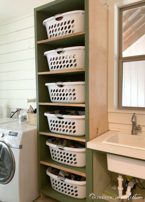 Laundry Basket Shelves, Laundry Room Storage Shelves, Laundry Room/mud Room, Laundry Basket Storage, Small Laundry Room Organization, Room Storage Diy, Laundry Room Renovation, Farmhouse Laundry, Laundry Room Ideas