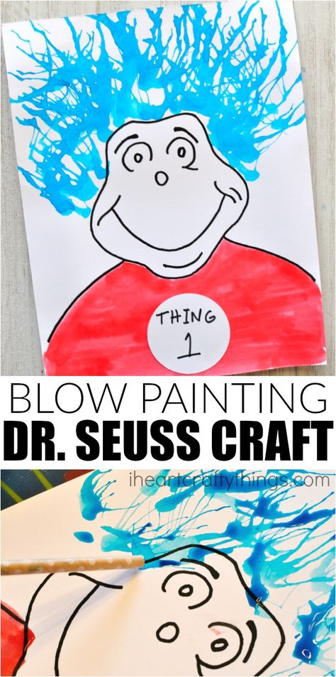 This Thing 1 and Things 2 Blow Painting Dr. Seuss Craft is a perfect Dr. Seuss kids craft for The Cat in the Hat and Read Across America Day. Dr Seuss Craft, Dr. Suess, Dr. Seuss Crafts, Blow Painting, Dr Seuss Art, Dr Seuss Preschool, Dr Seuss Classroom, Craft Hacks, Blow Paint