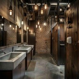 A chic industrial bathroom setting flaunts exposed brick walls, concrete sinks, and warm wooden stall doors. Industrial Public Restroom Design, Industrial Loft Bathroom, Warehouse Bathroom, Wooden Stall, Vintage Industrial Bathroom, Public Restroom Design, Stall Doors, Contrast Therapy, Concrete Sinks