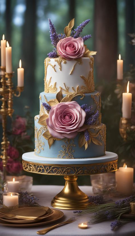 wedding cake with roses and lavender - AI creation Purple And Gold Wedding Cakes Elegant, Gold Wedding Cakes Elegant, Cake Pink And Purple, Teal Gold Wedding, Wedding Cake Pink, Cake With Roses, Roses And Lavender, Gold Wedding Cakes, Purple Wedding Cake