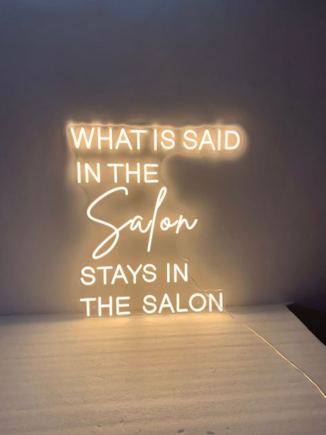 What is Said in the Salon Stays in the Salon neon sign is LED neon sign, It's made of acrylic and led stripe, safe and durable to use in bar bedroom, living room and any room, A great addition for pizza lovers 【Express Shipping】Ship out in 3-7 days. ✈️ Shipped by DHL/Fedex/UPS takes 3-7 days. WHAT'S INCLUDED? ● Finished Neon Sign ● 2meter Clear Cable ● A Black Adapter ● Plug, plug into the socket ● Advertising SCrew ● Dimmer & Remote, adjust the brightness Features for LED Neon Sign * Durable: i Salon Soft Opening Ideas, Boho Style Nail Salon, Cute Beauty Salon Ideas, Salon Signage Ideas, Home Beauty Salon Ideas Small Modern, Beauty Suite Decor Ideas, Salon Walls Ideas, Salon Entry Way Ideas, Beauty Salon Wall Decor Ideas