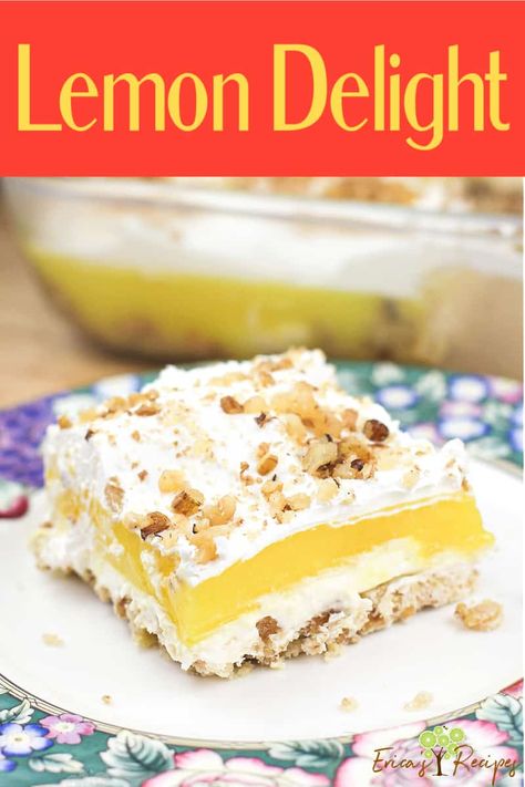 Lemon Delight is a creamy, DREAMY layered lemon dessert with a sweet cream cheese layer, lemon pudding, and buttery walnut crust. Also known as Lemon Lush, this recipe makes a pan-full, perfect for sharing. Light and refreshing, this classic recipe is a great complement to summer grilling and chilling. Lemon Lush Dessert, Lemon Delight, Lush Cake, Delight Dessert, Lemon Lush, Walnut Crust, Lemon Dessert Recipes, Bake Recipes, Layered Desserts