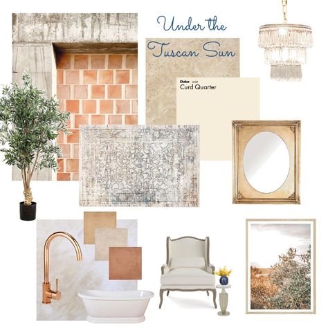 Tuscan Mood Board, Sun Interior, Tuscan Decor Ideas, Tuscan Decor, Design Mood Board, Pedestal Side Table, Under The Tuscan Sun, Wingback Armchair, Tuscan Decorating