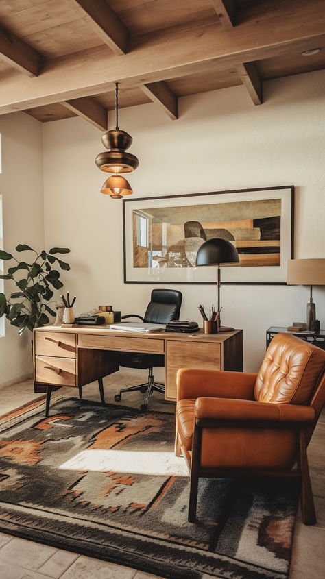 Blend the best of both styles with a mid-century modern meets Southwestern office. Explore design ideas that combine clean lines, earthy tones, and rustic elements for a unique and stylish workspace. #MidCenturyModern #SouthwesternStyle #HomeOfficeDesign #OfficeDecor #InteriorDesign #ModernSouthwestern #WorkspaceInspiration #RusticModern Southwestern Office, Mcm Office, Mid Century Office, Mid Century Modern Office, Boho Office, Rustic Office, Best Amazon Products, Stylish Home Decor, Office Wall Decor