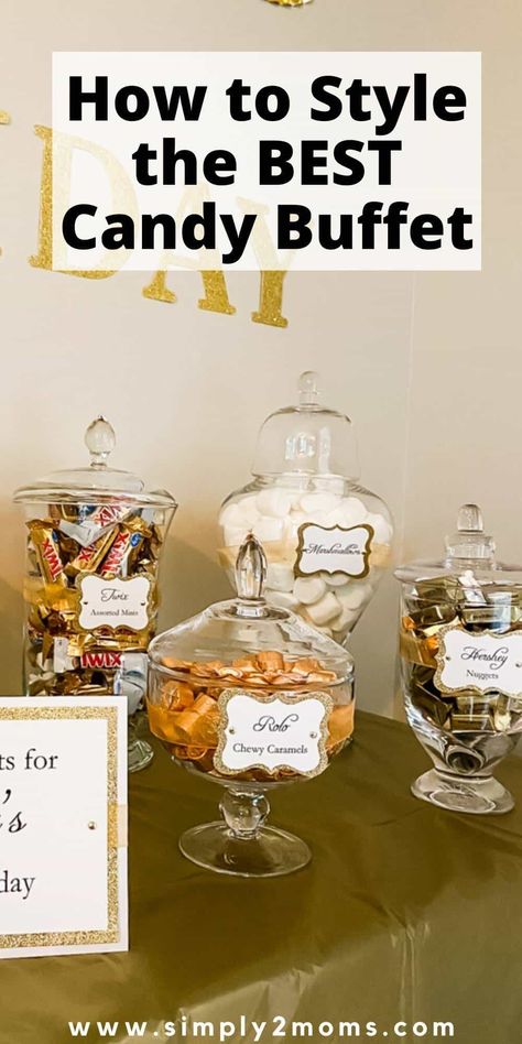 Learn how to create the best candy buffet for your next event. Impress your guests with a dessert bar filled with treats. Glass apothecary jars are the perfect way to display your candy bar. The lids keep treats contained. Use scoops to serve candy from containers. Candy buffet can be large or small just follow our tips to set up a dessert table at your next party or event. People can serve themselves and it looks beautiful as part of your décor too. Kids & adults will love a candy buffet! Treat Table Set Up, Wedding Candy Bar Buffet, Buffet Table Display, Candy Buffet Containers, Candy Bar Table, Candy Buffet Signs, Wedding Candy Table, Candy Buffet Table, Buffet Signs