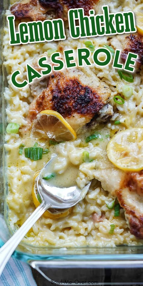 You'll love the bright fresh flavors of this easy to make Lemon Chicken Casserole Recipe! It's always a hit with the whole family and because it's so simple to make, it will be your new favorite as well. Enjoy the fresh flavors of lemon with tender rice and chicken. Bowl Me Over, Lemon Chicken Casserole, Salad Pasta Recipes, Lemon Chicken Rice, Chicken Rice Bake, Creamy Lemon Chicken, Chicken Rice Casserole, Rice Casserole Recipes, Lemon Chicken Recipe