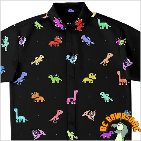 This fun and cool Dinosaur button-up shirt features a unique all-over-print pattern of adorable 8-Bit pixel Dinosaurs. Ideal for everyday wearing and looking Rawrsome! Cool Dinosaurs, 8 Bits, Plain Tshirt, 8 Bit, Button Shirt, Print Pattern, Button Up Shirt, Varsity Jacket, Button Up Shirts