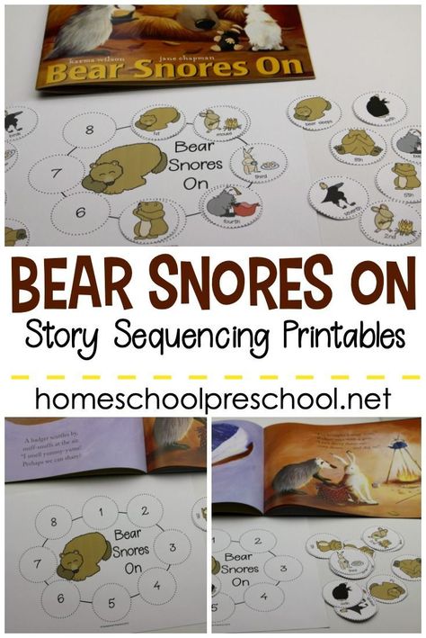 These Bear Snores On sequencing cards are a great way to talk about animals and hibernation. Practice retelling and sequencing the story.  #Storysequencing #sequencingcards #bookactivities #bearsnoreson Bear Prek Activities, Preschool Hibernating Animals, Hibernation And Migration Preschool Activities, The Bear Snores On Activities, The Bear Snores On Activities Preschool, Bear Unit Preschool, Bear Snores On Sequencing Free Printable, Bear Hibernation Activities, Hibernation Activities Kindergarten