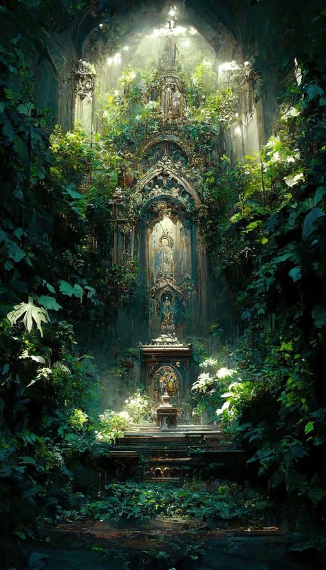 Fantasy Shrine Concept Art, Fantasy Shrine Art, Ancient Temple Fantasy Art, Fantasy World Landscapes Nature, Fantasy World Art Dreams, Jungle Fantasy Art, Magical Places Fantasy Fairyland, Temple Fantasy Art, Garden Concept Art