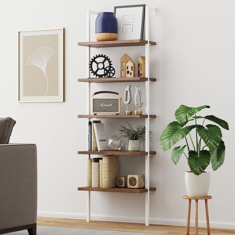 Nathan James Theo 5-Shelf Ladder Bookcase Wood with Metal Frame - On Sale - Bed Bath & Beyond - 35450644 James Theo, Shelf Ladder, Aesthetic Bookshelf, Bookcase Wood, Nathan James, Bookcase Lighting, Wall Mounted Bookshelves, Ladder Bookshelf, Multifunctional Space