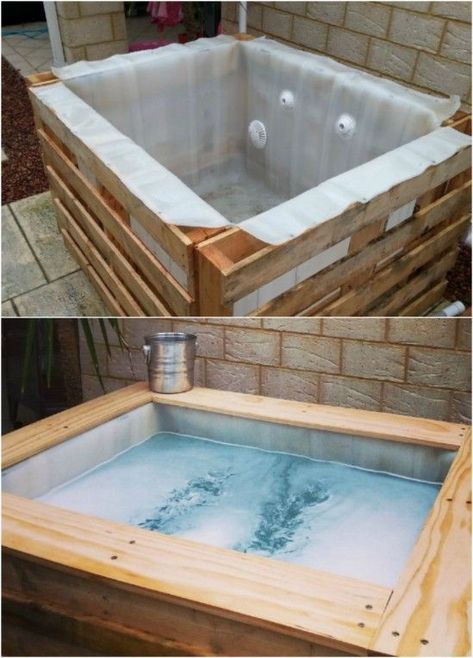 DIY Upcycled Pallet Hot Tub..complete instructions to make your own hot tub from wood pallets included! #diy #hottub #woodpallets #projects Inexpensive Hot Tubs, Diy Hot Tub, Outdoor Kitchen Countertops, Tub Ideas, Diy Pool, Hot Tubs, Pallet Wood, Diy Backyard, Pallet Furniture