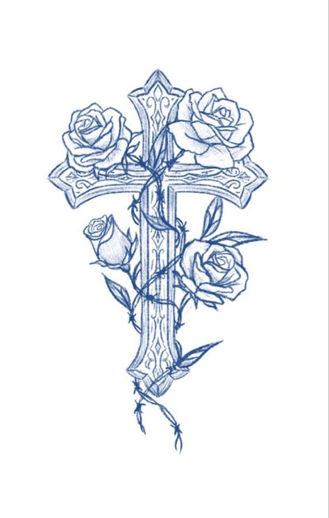 Cross Drawings Beautiful, Aesthetic Cross Drawing, Rose Cross Drawing, Crosses Drawings, Crosses With Roses Tattoo, Cross Drawing Sketches, Cross With Roses Drawing, Cross With Flowers Drawing, Floral Cross Tattoo