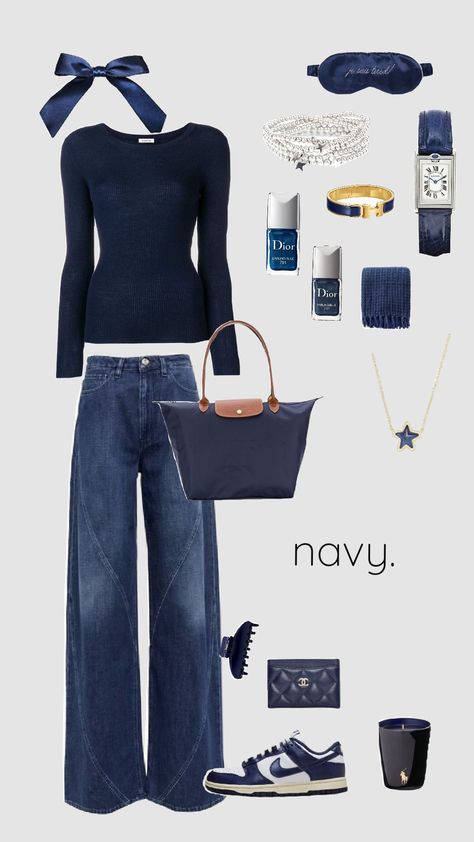 #navy #aesthetic #oldmoney #outfit Navy Top Outfit, Navy Aesthetic, College Outfits Aesthetic, Outfit Shuffles, Navy Blue Outfit, Silver Outfits, Hijabi Fits, Navy Girl, Classic Style Outfits