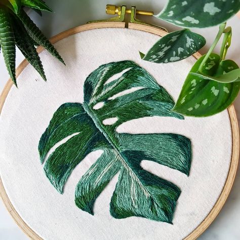 Potted Monstera Plant, Plant Embroidery Pattern, World Embroidery, Plant Embroidery, Embroidery Green, Flower With Leaves, Something Green, Embroidery Leaf, Embroidered Leaves