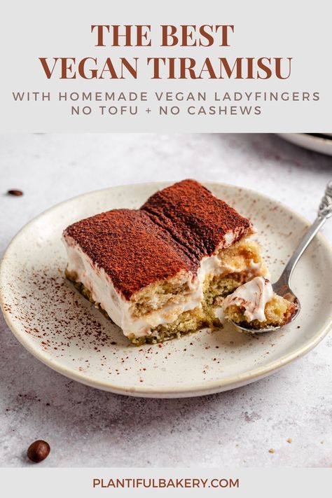 This Vegan Tiramisu is rich, decadent, and flavorful. It is layered with homemade cake fingers soaked with boozy espresso, creamy filling, and topped with a dusting of cocoa powder. Easy to make. Dairy-free and egg-free. #easyvegantiramisurecipe #bestvegantiramisu #vegantiramisurecipenotofu #vegancoffeedessertrecipes #simplevegandessertrecipes #homemadeladyfingers #veganladyfingers Vegan Tiramisu, Vegan Baking Recipes, Brownie Cupcakes, Vegan Sour Cream, Vegan Bakery, Desserts Vegan, Tiramisu Recipe, Homemade Cake, Vegan Dessert Recipes