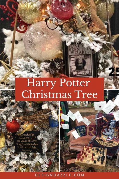 Harry Potter Themed Christmas Tree, Harry Potter Tree Topper, Harry Potter Christmas Tree Ideas, Harry Potter Themed Christmas, Unique Christmas Trees Themes, Harry Potter Christmas Ornaments, Hp Christmas, Harry Potter Christmas Decorations, Harry Potter Ornaments