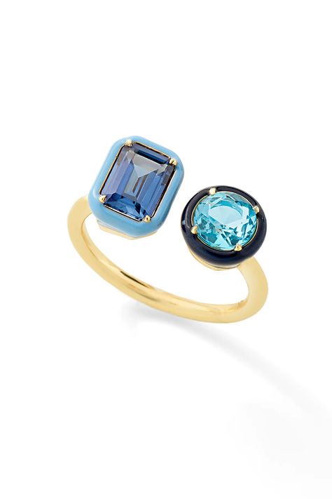 Make a statement day or night. This ring adds the perfect amount of sparkle to any occasion. Features a rectangular and round lab-created gemstone with contrasting colored enamel. Gem Rings Stones, Bypass Rings, Dinner Rings, Enameling Jewelry, Ring Rectangle, Unique Ring Designs, Alison Lou, Colored Stone Rings, Turkish Jewelry