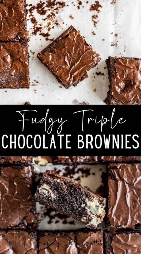 Thick and fudgy triple chocolate brownies. Easy to make from scratch and in one bowl, it will become your new favorite brownie! This triple chocolate brownie recipe has a lot of chocolate, so it’s perfect for chocolate lovers! Brownie Brittle Recipe, Triple Chocolate Brownies, Blondie Recipes, Chocolate Chunk Brownies, Brownie Packaging, Brownies Recipes, Brownies From Scratch, Fudgy Brownie Recipe, Brownies Recipe Homemade