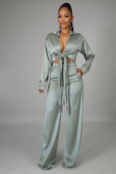 Silk Two Piece Outfit Pants, Two Piece Skirt Set Classy, Silk Two Piece Outfit, Two Piece Outfits Pants Classy, Silk Satin Outfit, Two Piece Outfits Pants, Sage Pants, Satin Outfits, Bodycon Outfits