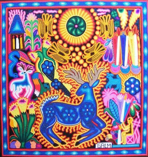 Huichol Yarn Painting, Mexican Folk Art Decor, Huichol Pattern, Yarn Painting, Huichol Art, Art Brut, Visionary Art, Naive Art, Arte Popular