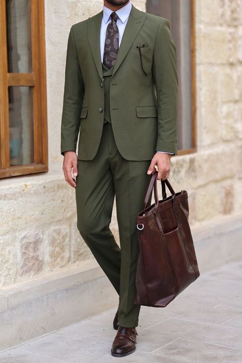 Discover the epitome of modern sophistication with our Khaki Slim-Fit Suit 3-Piece. Tailored to perfection and crafted with the utmost attention to detail, this ensemble sets the standard for professional attire. #khakisuit #suits #suit #slimfit #singlebreasted #formallook #formalwear #mensstyle #menfashion Green Suit Men, Khaki Suit, Olive Green Suit, Double Breasted Tuxedo, Suit Stores, Slim Fit Suit Men, Slim Fit Tuxedo, Navy And Khaki, Green Suit