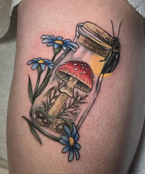 Ghost Mushroom Tattoo, Skull Plant Tattoo, Mushroom Sleeve Tattoo, Mushroom House Tattoo, Toadstool Tattoo, Shroom Tattoo, Mushrooms Tattoo Design, Mushroom Tattoo Ideas, Jar Tattoo