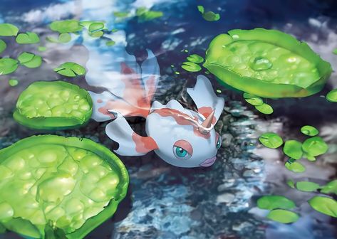 white and orange goldeen fish pokemon swimming in a blue pond with light reflections on the water and bright green lily pads on either side of the fish Goldeen Pokemon Art, Pokémon Landscape, Goldeen Pokemon, Pokémon Pictures, Pokemon Stories, Wild Pokemon, Pokemon Universe, Pokémon Art, Water Type