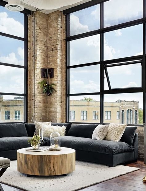 14 of the Most Comfortable Sectionals That Don't Compromise on Style Living Room Black Sectional, Desert Decor Living Room, Charcoal Couch, Frame Cabins, A Frame Cabins, Miami Condo, Corner Sectional Sofa, Window Designs, Condo Design