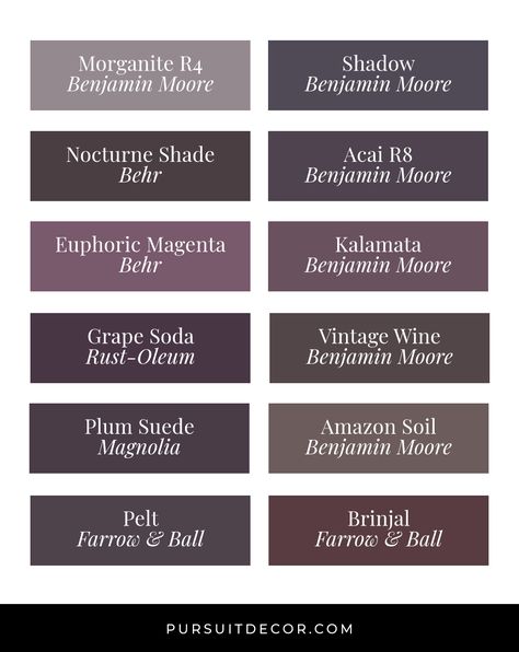 Plum Color Walls, Best Aubergine Paint Color, Benjamin Moore Eggplant, Best Dark Purple Paint Colors, Behr Aubergine, Aubergine Wall Color, Goth Paint Colors, Dark Plum Paint Color, Dark Plum Paint