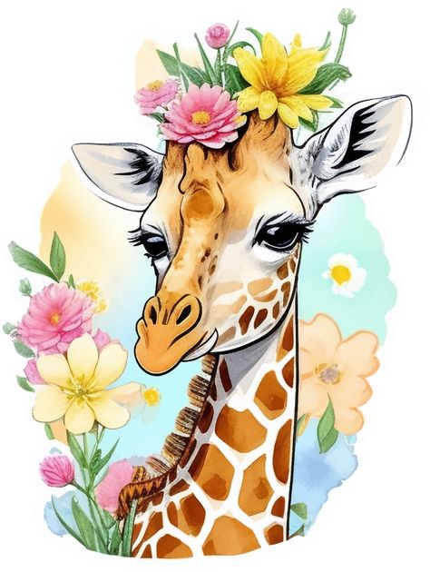 Giraffe with Flower Sticker AI Generative Giraffe Drawing, Artwork Ideas, The Giraffe, Free Png, Tatting, Sunflower, Royalty, Royalty Free, Paper Crafts