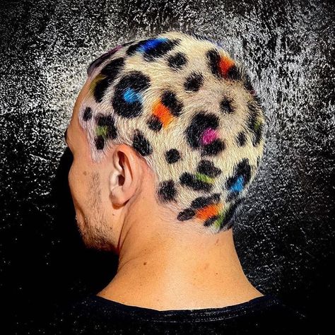 Rainbow Buzzcut, Leopard Hair Color, Buzzcut Ideas, Buzz Cut Styles, Animal Print Hair, Ocean Hair, Buzz Cut Hairstyles, Hair Print, Shaved Hair Designs