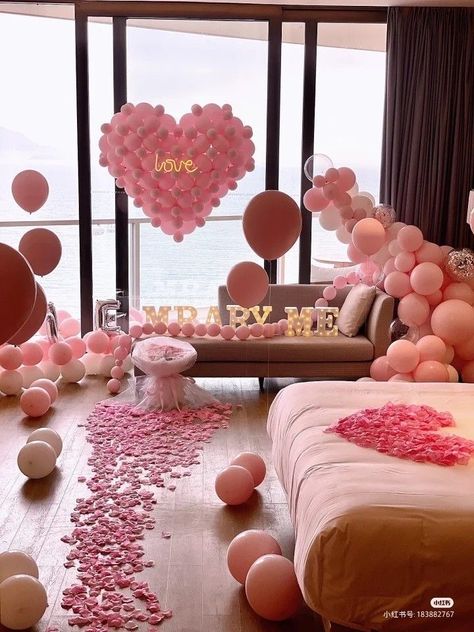 Pink Heart Balloons, Valentines Day Balloons, Day Room Decor, Romantic Decorations, Cute Proposal Ideas, I Love You Balloons, Surprise Birthday Decorations, Romantic Room Decoration, Brides Room