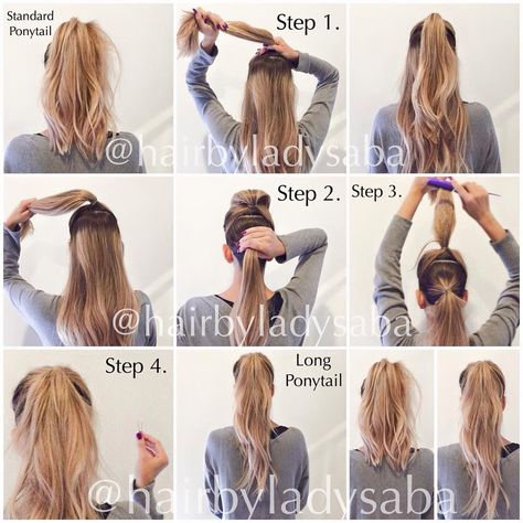 Hair inspo! How to make your ponytail longer without extensions Long Ponytail With Extensions, Ponytail Toturial, How To Make Your Ponytail Look Longer, How To Make Ponytail Look Longer, How To Make Ponytail, Longer Ponytail Trick, Interview Hair, Long Hair Ponytail Styles, Ponytail Trick