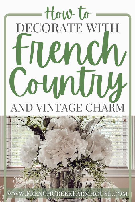 Come along on our spring home tour here at the farm! On our dining table, I created a vintage French Country themed centerpiece for our tablescape. This was my first attempt at large scale floral arranging, but I love how it turned out, and I’ll definitely be trying it again soon. I hope this post gives you lots of ideas for decorating your own home and creating a vintage farmhouse tablescape. | French Creek Farmhouse French Farmhouse Table Decor, French Country Table Centerpiece, Dining Table Decor Ideas Centerpieces, French Country Centerpieces Dining Rooms, French Country Dining Table Centerpiece, Spring Tablescapes Ideas French Country, French Country Color Palette Kitchen, French Country Spring Decor, French Country Vignettes