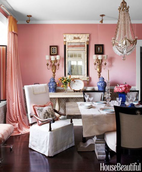 Relaxing Paint Colors, Calming Paint Colors, Pink Dining Rooms, Pink Room Decor, Pink Living Room, Dining Room Colors, Elegant Dining Room, Chinoiserie Chic, Pink Houses