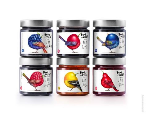 Vibrant Playful Illustrations Bring The Packaging For "Beak Pick !" To Life | Dieline Jam Packaging, Pure White Background, Food Branding, Packaging Labels Design, Small Jars, 2020 Design, Creative Packaging, Fruit Snacks, Creativity And Innovation